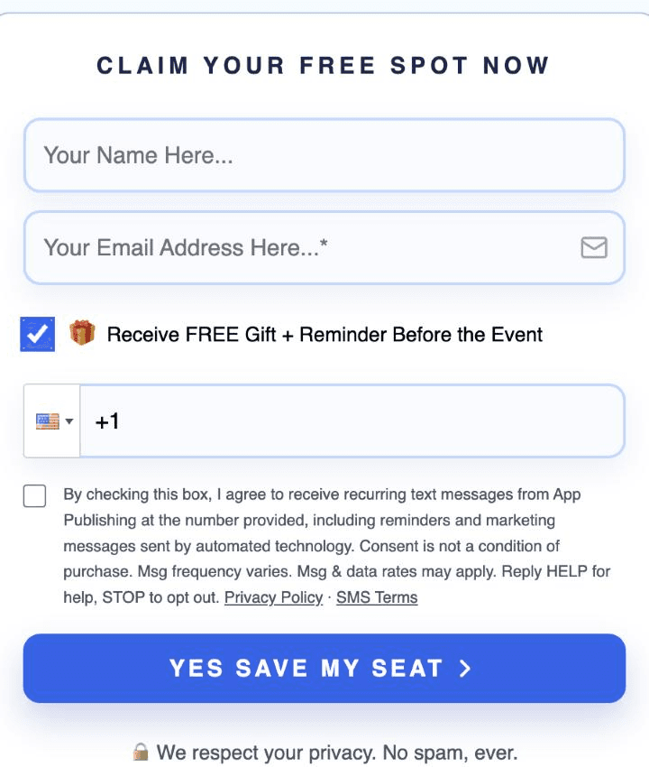 Sign-up form showing the SMS consent checkbox with consent text, Privacy Policy and SMS Terms links